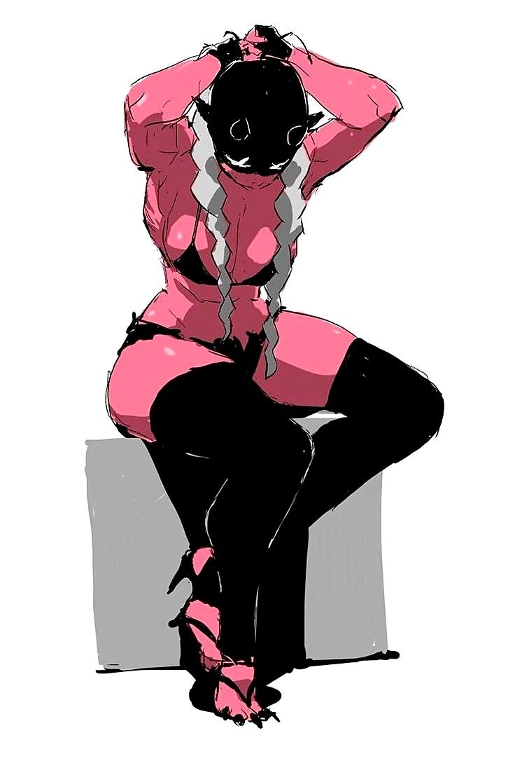 a pinkskinned, muscular female figure with a black mask covering her face sits on a gray box. she wears black lingerie, thighhigh stockings, and high heels. her hands are raised towards the mask, and she has white braids extending down her back. the artwork has a stylized, dark aesthetic.