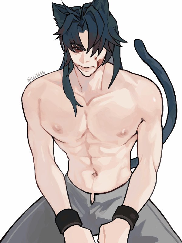 a shirtless anime boy with black cat ears and tail sits with his arms bound at the wrists, looking down with a sad expression. he has a cut on his cheek and has clearly been injured. his abs are ripped and defined.  he is wearing grey pants.