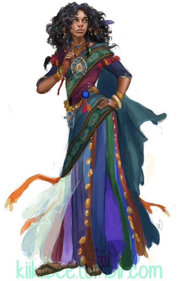 the image showcases a digital painting of a fantasy woman.  she's depicted with dark curly hair adorned with jewelry, wearing a richly colored and intricately designed long dress with multiple layers and flowing fabric. the dress incorporates various shades of blue, purple, green, and maroon, with gold accents and embellishments. she is holding a thin rod or wand, and her overall demeanor suggests a mystical or magical persona. the style is reminiscent of fantasy illustrations, potentially for a game, book, or other media. the background is plain white, focusing attention on the woman and her attire. the artwork is detailed and vibrant, with a soft, painterly texture.