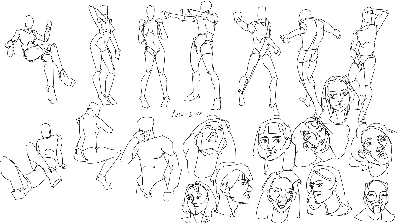 he image contains a collection of quick sketches of human figures in various poses. the sketches are done in a loose, gestural style with a focus on capturing movement and form.  there are full body figures, both male and female, demonstrating actions like boxing and sitting. there are also numerous head studies featuring different facial expressions. the style is minimalist, using primarily single lines to define form.  the date "nov 13, 20" is written in the center.