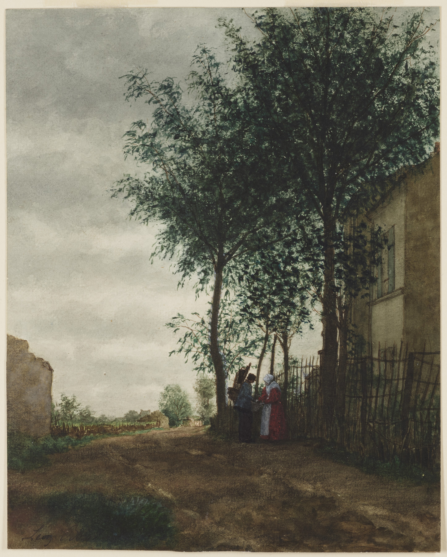 the painting depicts a rural scene with a road leading into the distance under an overcast sky. two trees stand prominently near the right side of the road, partially obscuring a house with a fence. two figures are depicted near the fence. on the left, a stone structure is visible, and beyond that, the road stretches into the distance with a few small buildings along the way. the style suggests a 19thcentury watercolor painting.