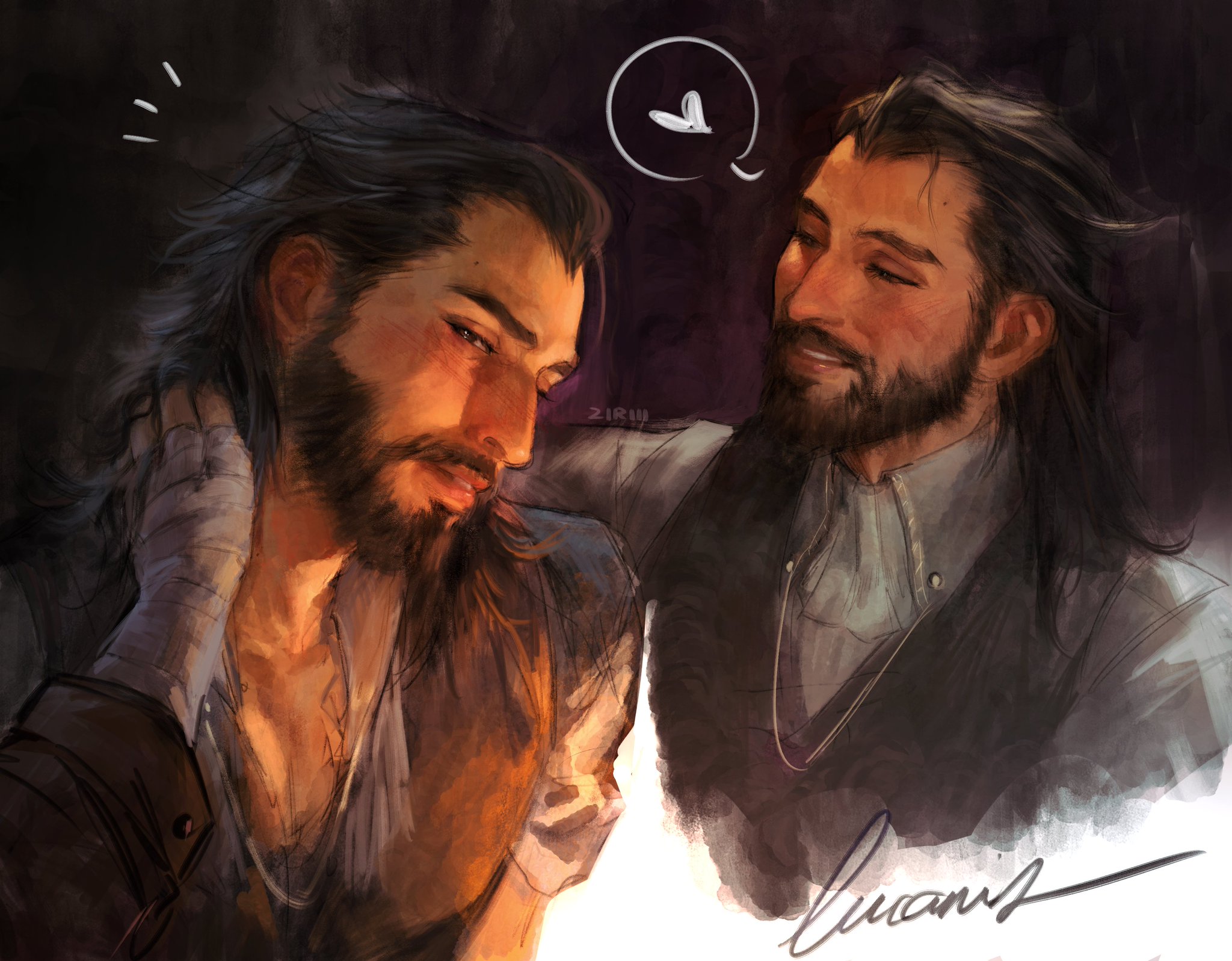 a digital painting depicts two bearded men with long hair in a close, affectionate pose. the man on the left is in warm lighting, wearing a casual shirt with a bandage on his wrist, his head slightly tilted. the man on the right, in darker lighting, has his hand on the first man's neck, and a heart thought bubble appears above his head. he is wearing a vest over a collared shirt. the background is dark and indistinct. the style is artistic and expressive.
