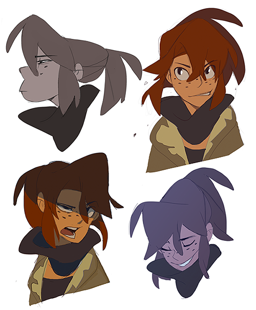 the image shows 4 cartoon drawings of female characters. each of the characters is drawn in a simple, cartoonstyle, and has a unique hairstyle. the drawings are all in different poses, and have different facial expressions. the image is probably from a character design sheet.
