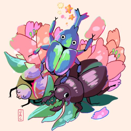 the image is a whimsical digital illustration featuring three cartoon beetles amongst pink peony flowers. the central beetle is large and vibrant bluegreen, with a long, curved horn.  two smaller beetles, one appearing to be a stag beetle, are situated below and to the side of the larger one. the flowers are stylized and brightly colored in pinks and peaches, with soft shading and some details that hint at petals and leaves. the style is reminiscent of kawaii or anime/manga aesthetics, with a cute and fantastical feel. the overall composition is cheerful and playful.