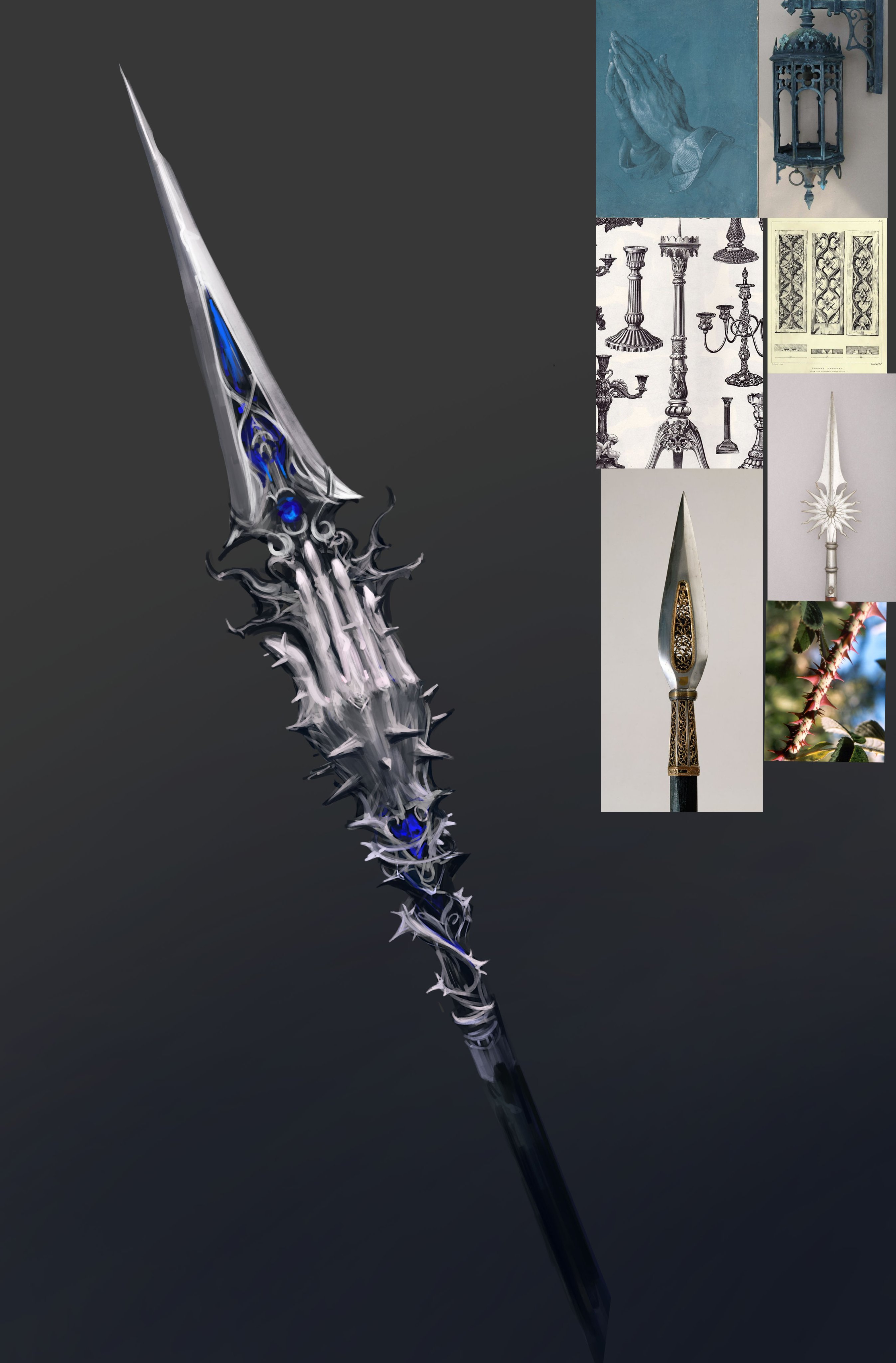 the image showcases a detailed concept art piece of a fantasy spear. the spearhead is long and slender, with a stylized skeletal hand forming part of the weapon's design.  the handle is adorned with intricate metalwork, including thorns or spikes, and features a prominent blue gemstone. the overall aesthetic is dark fantasy with gothic and medieval influences.  smaller inset images provide design inspiration, including drawings of candlesticks, lanterns, praying hands, and a decorative metalwork pattern.  one smaller image shows a similar spear design in a more traditional style, and another shows thorny plant detail that seems to mirror the texture on the main spear design.  the main spear design is presented against a grey backdrop, allowing for clear visibility of the details.