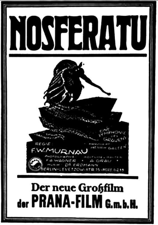 this is a black and white poster advertising the 1922 silent horror film nosferatu. it features a stylized image of the titular vampire, nosferatu, who is perched atop a pile of coffins. the text on the poster lists the film's director, f.w. murnau, as well as the production company, pranafilm. the poster's font and overall design are characteristic of the german expressionist movement.