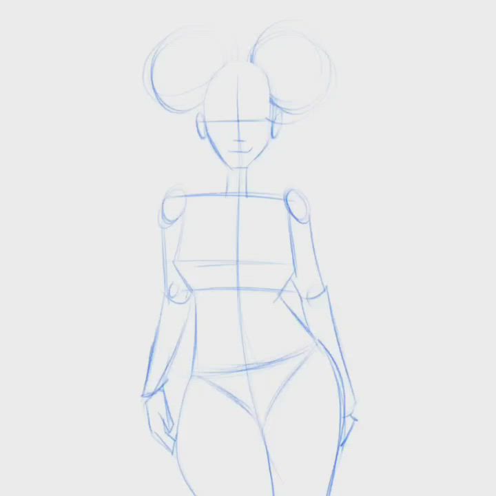 a line art drawing of a female figure with bunched up hair, outlined in light blue, with an emphasis on her body and pose.