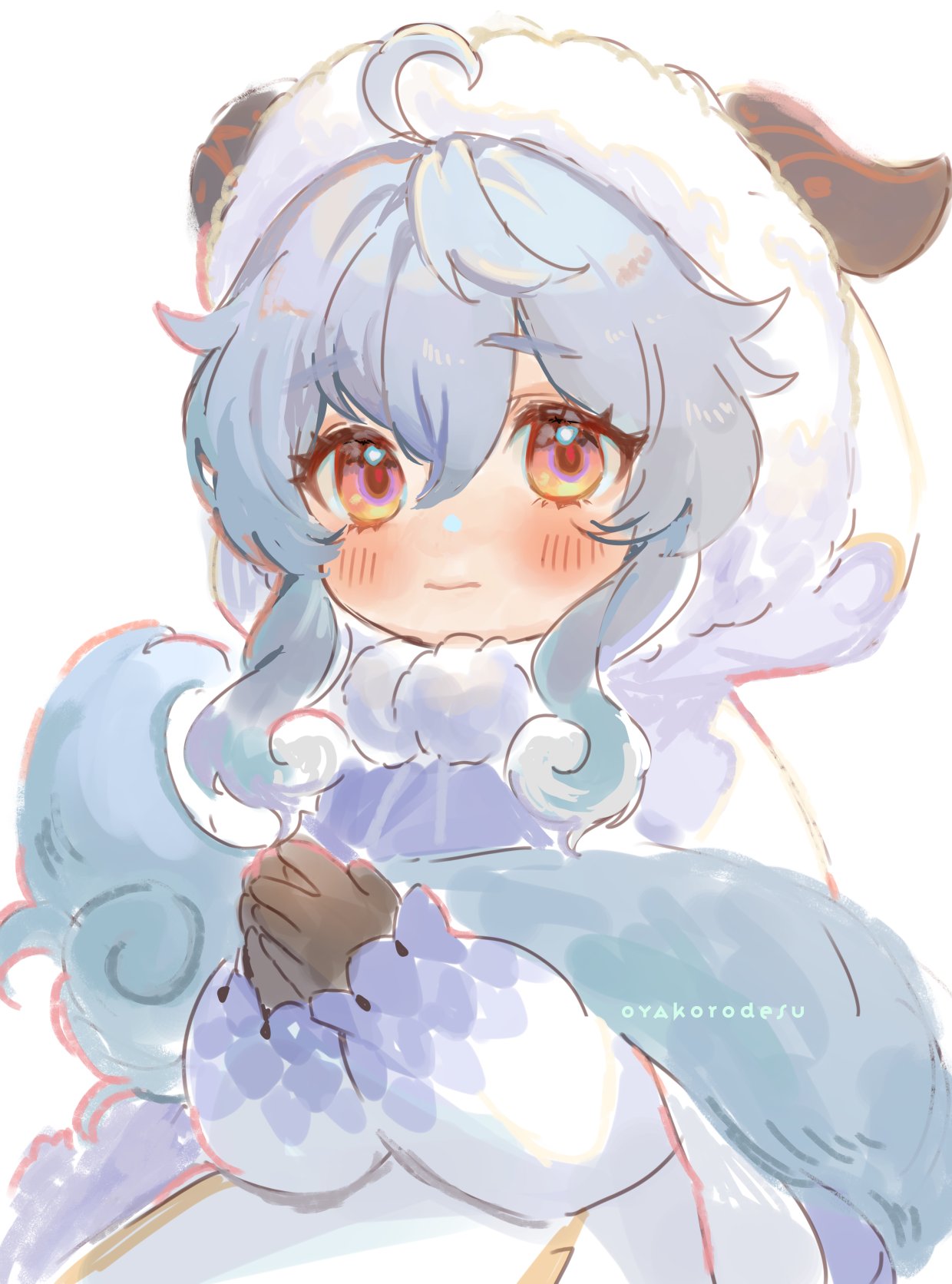 this image is a digital illustration of a cute anime girl with blue hair and a fluffy white sheep fur coat, the girl has pink blush on her cheeks and her eyes are large and blue. she looks very soft and cuddly.  the illustration is done in a watercolor style with soft colors.