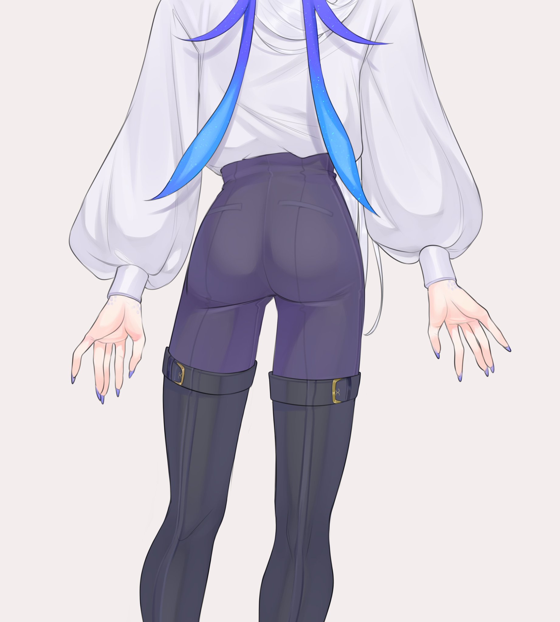 an anime girl wearing a white shirt with a blue ribbon, black pants and black boots. she is standing with her back to the viewer, her long legs are visible. the image is drawn in a stylized anime style.
