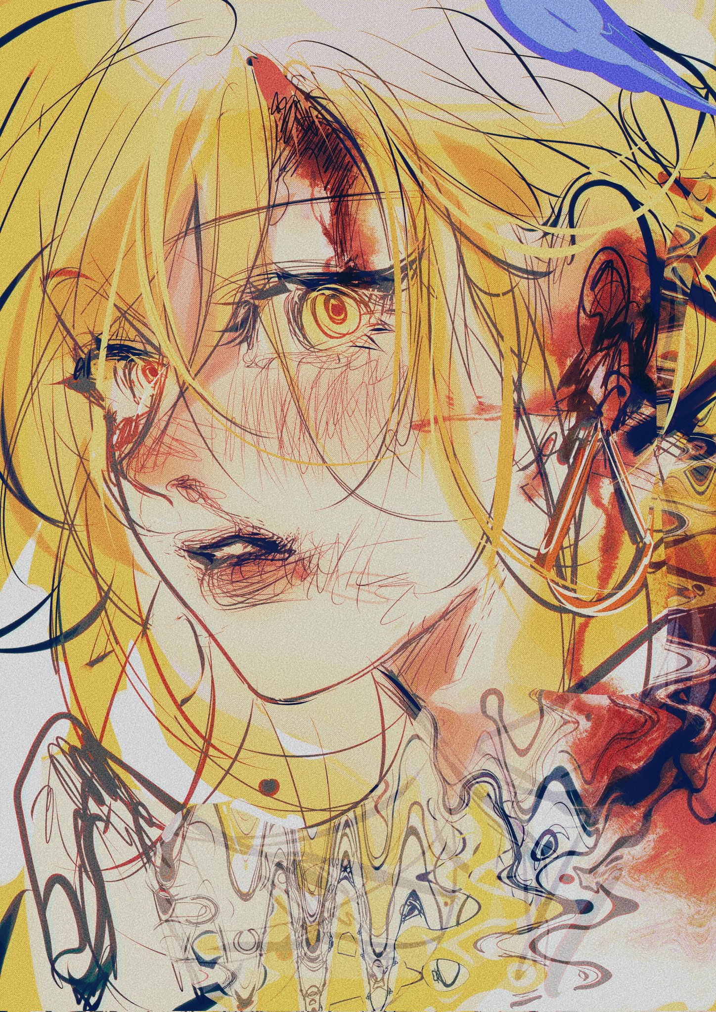 the image is a vibrant and stylized digital portrait of a young woman with long, blond hair. her expression is intense and possibly pained, conveyed through her wide, expressive eyes and slightly downturned mouth. her face shows subtle indications of injury or distress, adding to the overall mood. the style is a blend of anime and abstract elements, with a prominent use of sketchy lines combined with smooth color blending.  the background is a chaotic blend of swirling colors and distorted shapes, contrasting with the more defined figure of the woman in the foreground. the overall effect is surreal and emotionally charged, making use of both sharp lines and psychedelic color manipulation to create a dramatic and engaging visual piece. there's a suggestion of jewelry around her neck.