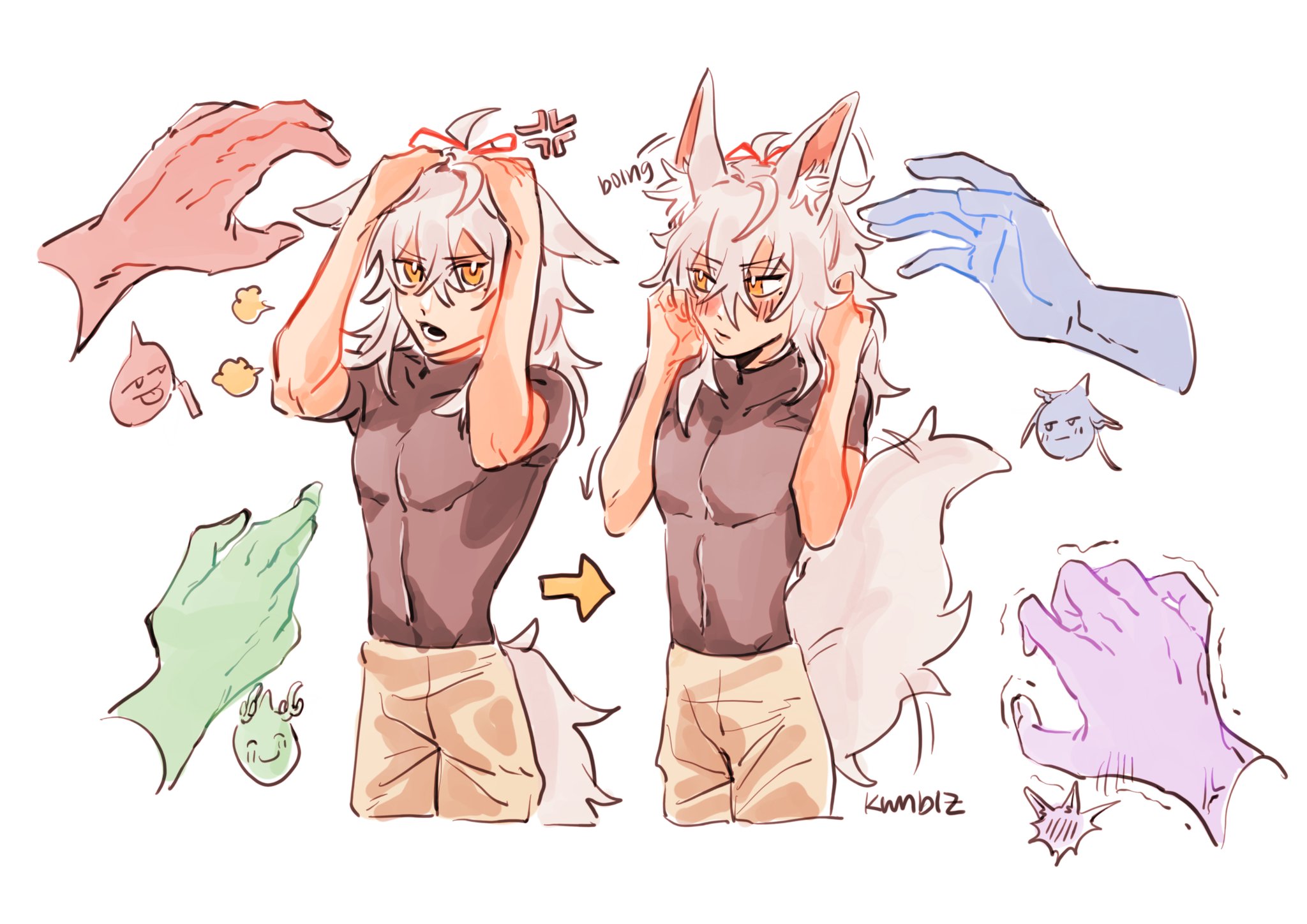 this is a digital art piece that features an anime character. the boy has white hair and fox ears. he is blushing and shy as someone is trying to touch his tail. there are also various hands drawn around the character, and some other characters are present in the background.