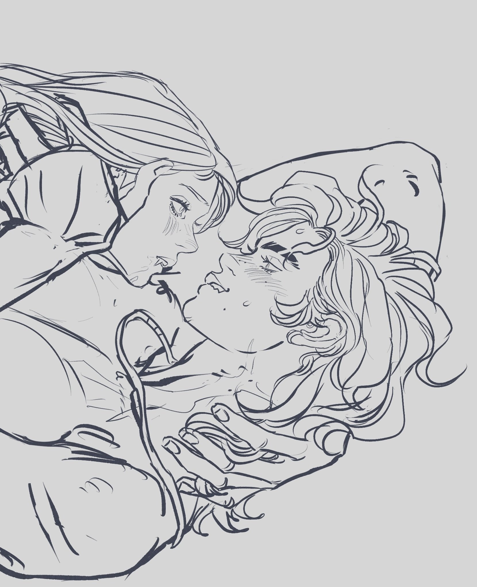 an illustration featuring a couple embracing in an intimate pose. the drawing is done in line art, with a sketchy quality. the couple's faces are visible, with focus on their hair and hands. the overall mood conveys romance, love, and tenderness.