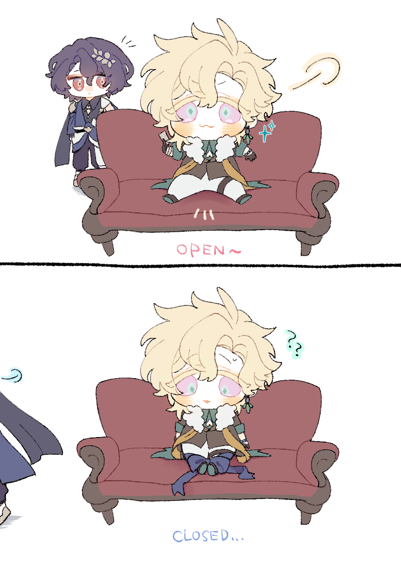 his is a twopanel illustration featuring chibi versions of albedo and xiao from the game genshin impact.  in the first panel, albedo is sitting on a small couch that is labeled "open", and xiao is standing behind him, looking slightly concerned. in the second panel, the couch is closed, and albedo is sitting on it looking surprised. there is a wrapped gift on his lap.  the style is cute and slightly humorous.