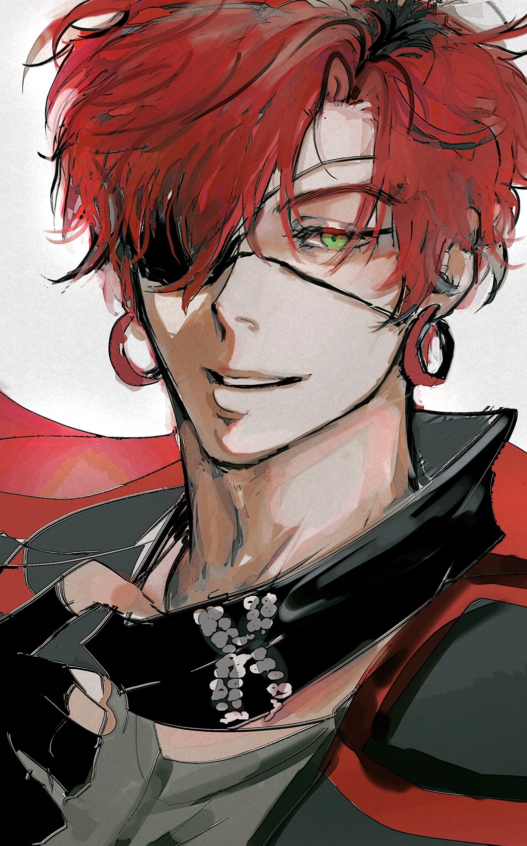 a digital illustration of an anime boy with red hair, an eyepatch over his left eye, green eyes, and earrings. he is smiling and wearing a black leather jacket with a zippered detail across his chest. the background is a blurred red.