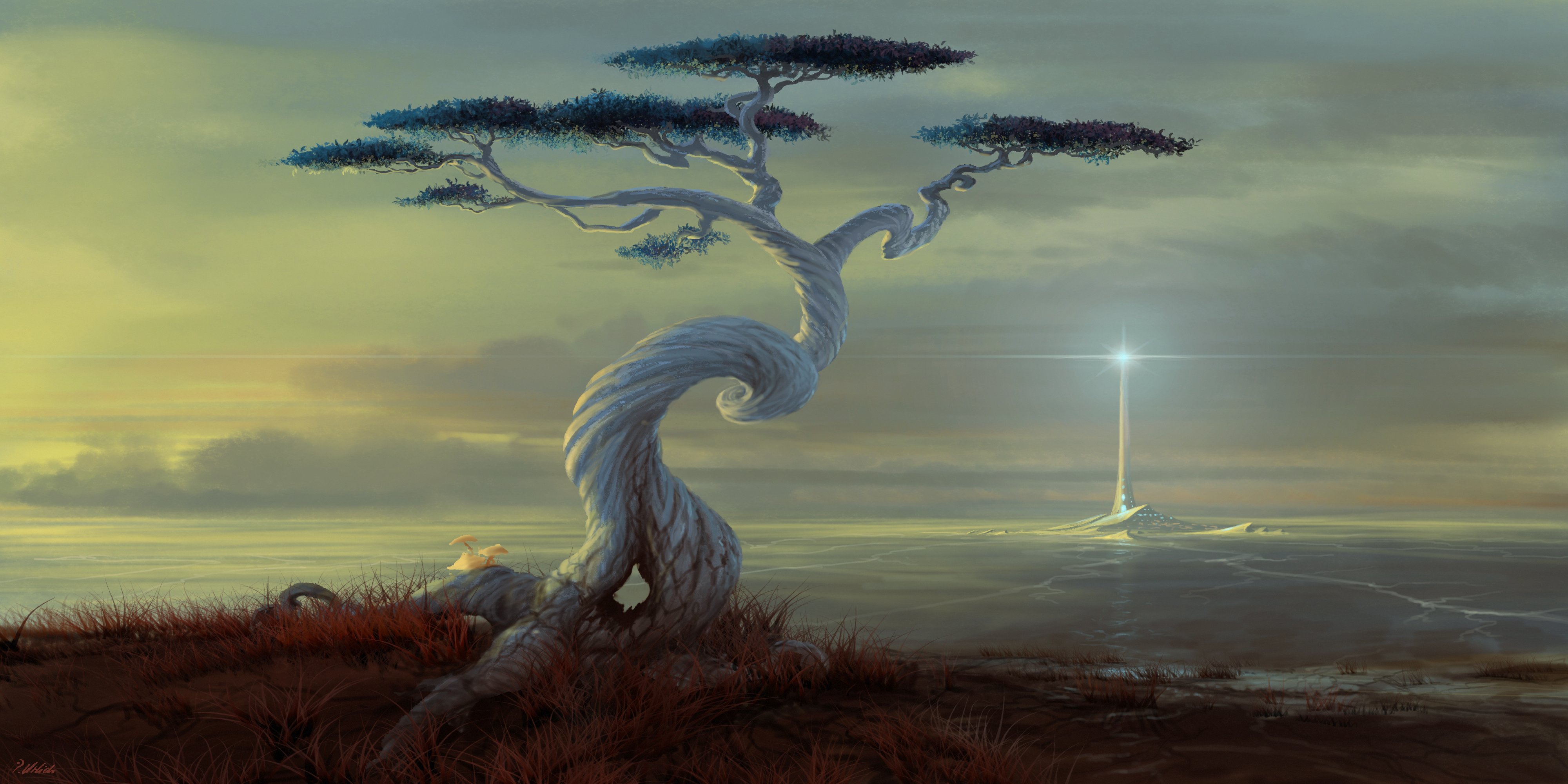 the image shows a stylized tree with a twisted trunk and blue leaves in the foreground to the left. the tree grows on a patch of dry grass on otherwise barren ground at the edge of a body of water that takes up the lower third of the image.  the background features a luminous white light emanating from a point beyond the horizon on the right. the sky above is mostly cloudy and yellowish, suggesting a sunset.  the overall atmosphere of the picture is calm and somewhat mystical.