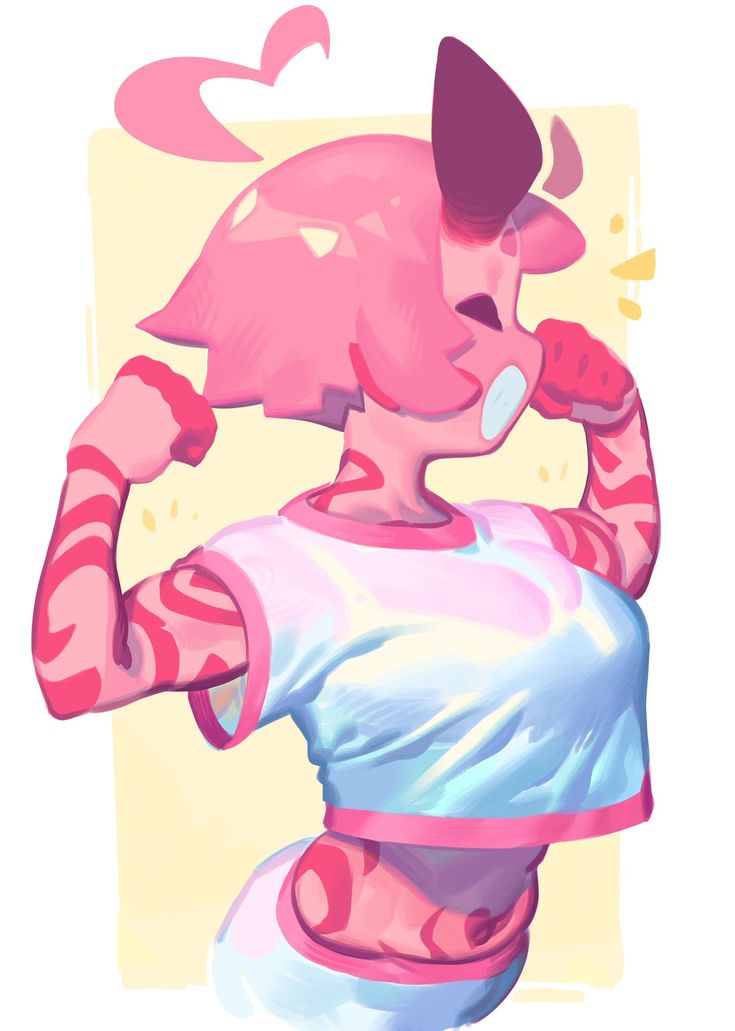 a pink cartoon girl with a pink shirt and pink, tigerstriped arms flexes her muscles and smiles.  she is drawn in a cartoon style.