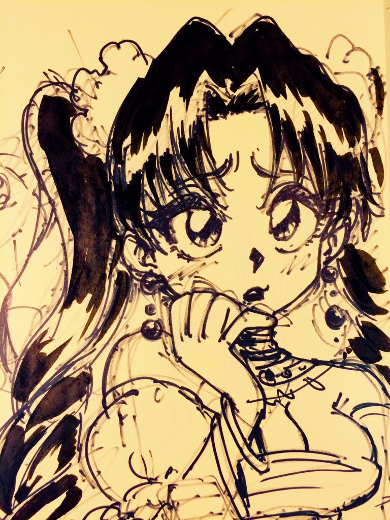 the image is a black and white ink drawing of a young woman with large eyes and long, dark hair styled in pigtails. she is biting her thumb and has a worried or anxious expression on her face. she appears to be wearing an elaborate, ruffled dress or gown. the style is reminiscent of manga or anime.