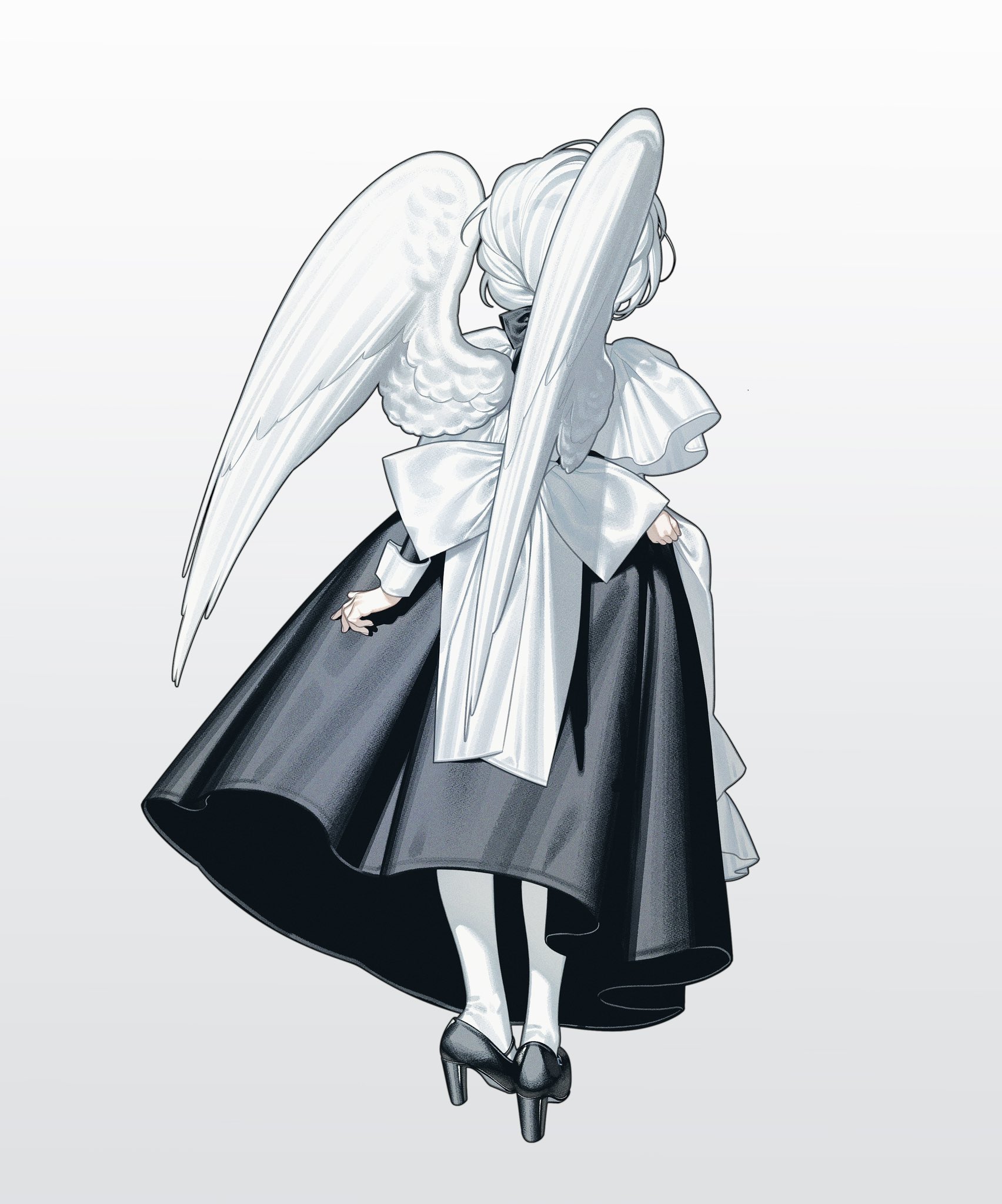 the image is an illustration of a young woman with large white angel wings, dressed in a black and white maid's uniform. she is seen from behind, her hair is white and styled up, and she is wearing black shoes with heels. the style is reminiscent of anime or manga, with a focus on detail and a slightly gothic feel.  the overall impression is one of ethereal beauty and a touch of mystery.