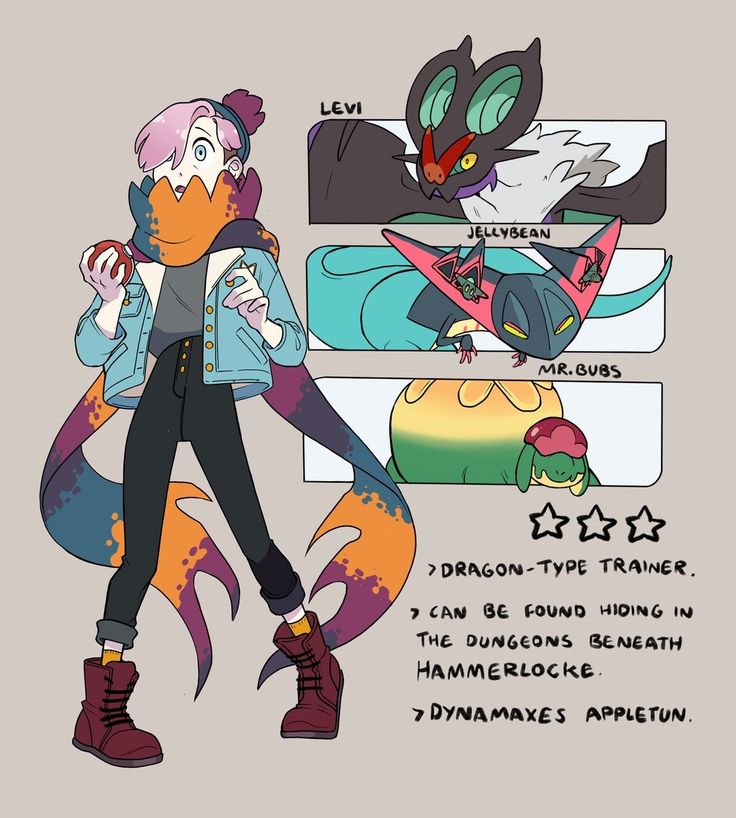 his digital illustration showcases a character design for a pokémon trainer. the trainer is depicted with pink hair, a denim jacket, and a unique, colorful scarf.  they are holding a poké ball.  beside the trainer are three distinct pokémon designs, labeled "levi," "jellybean," and "mr. bubs."  below the pokémon are details about the trainer's type (dragon), their location (dungeons beneath hammerlocke), and their ability to dynamax appletun. the overall style is animeinspired and colorful.