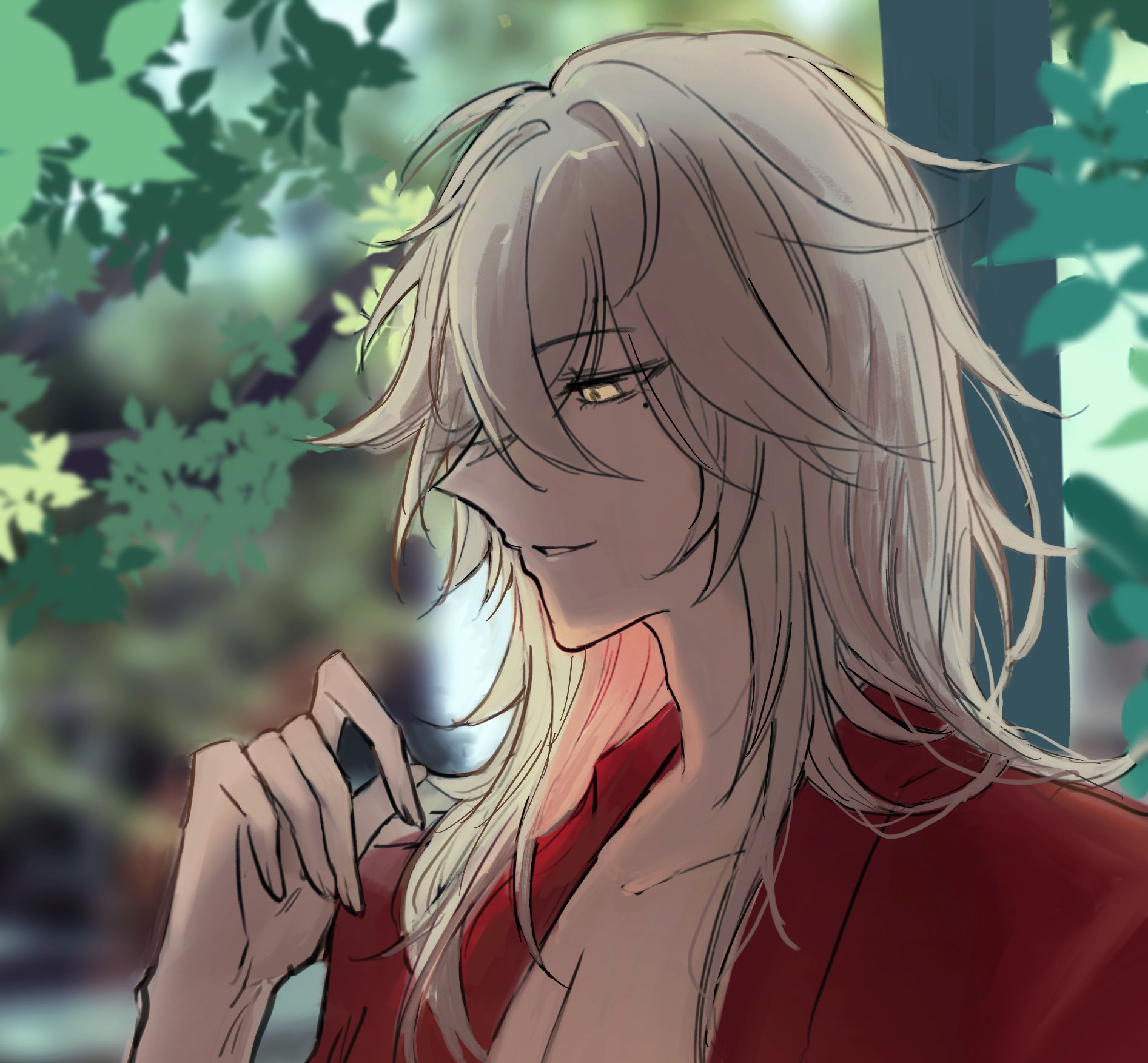 this is a digital art illustration of an anime character. he has long white hair that is flowing over his shoulders. he is wearing a red shirt with a jacket. the background is green leaves and a blurred out building. he looks down with a thoughtful expression.