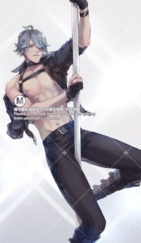 this image depicts a shirtless, muscular anime male in a black leather jacket and jeans, holding a pole. the