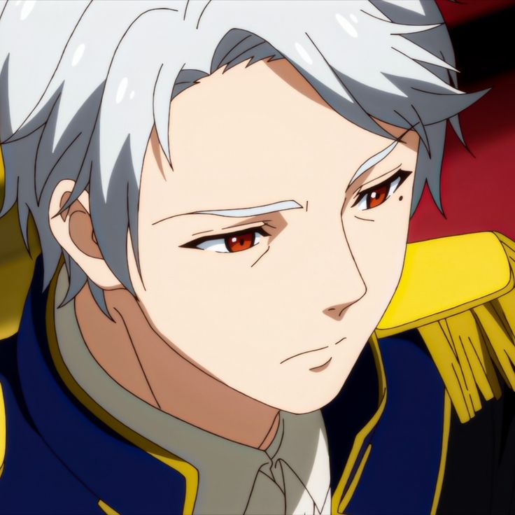 a closeup portrait of a young anime character with white hair and red eyes. he is wearing a blue jacket with gold trim and has a serious expression on his face. he is looking down, seemingly lost in thought.