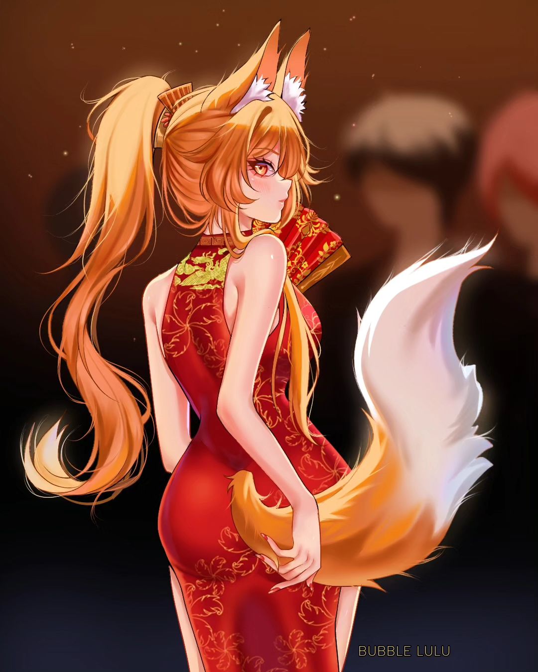 a digital illustration of a beautiful anime girl dressed in a traditional red chinese dress with a long, flowing blonde ponytail. she has a fox tail and ears, and is looking to the side with a slightly sad expression. the background is blurry and out of focus, and the light is soft and warm.
