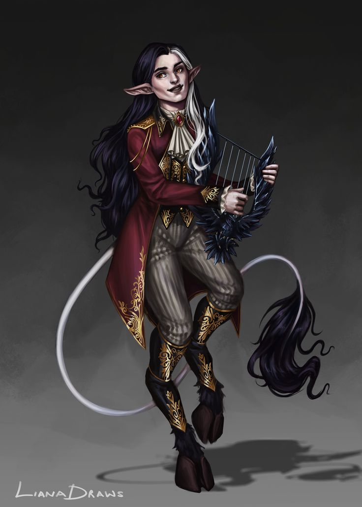 the image showcases a digital painting of a male elf bard. he is gracefully posed, midstep, with a gentle smile on his face as he plucks at the strings of his ornate, ravenadorned harp. the elf's attire is elaborate, featuring a burgundy tailcoat with gold embellishments over a white ruffled shirt and pinstriped trousers.  he has long, flowing black hair with a stark white streak at the front, complementing his pointed ears and mischievous yet charming expression. his lower body reveals the black, furred legs and hooves of a satyr. the background is a muted gray, directing the viewer's attention solely to the captivating figure of the elf bard.
