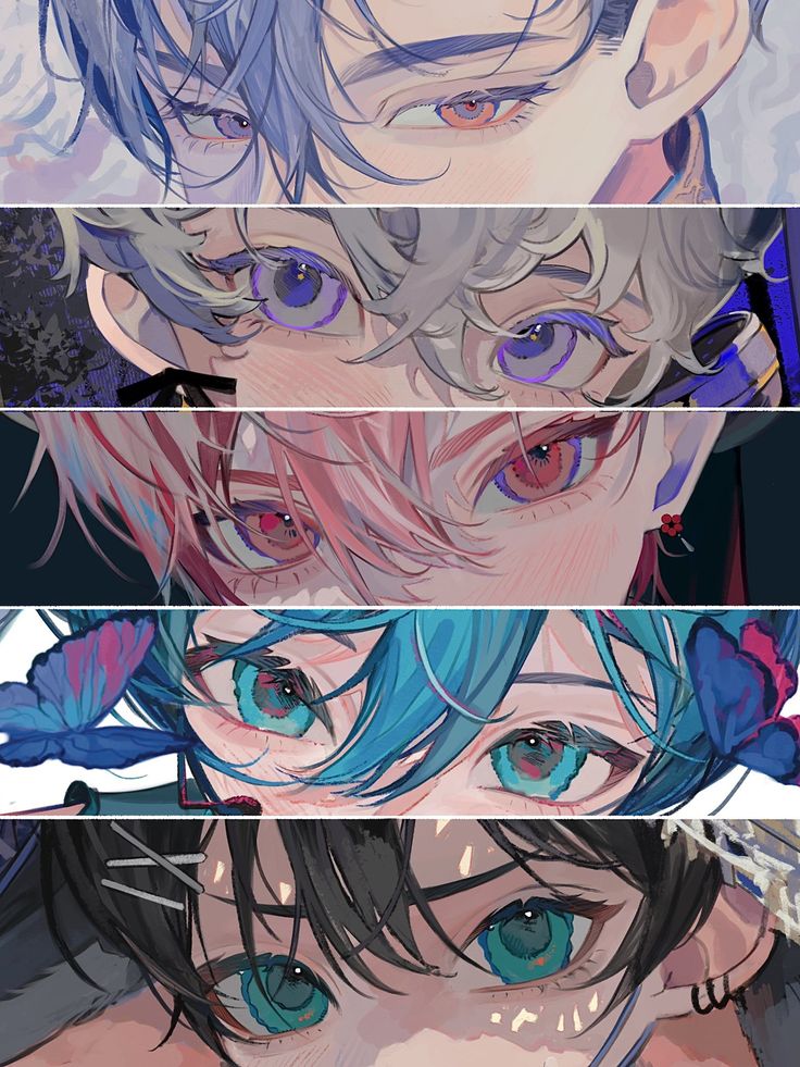 the image features five closeup illustrations of male anime eyes. each pair of eyes showcases a distinct style and color palette, ranging from cool blues and purples to warm pinks and greens. the lighting is generally soft, creating a dreamy atmosphere, while the closeup perspective emphasizes the details and expressiveness of each gaze.