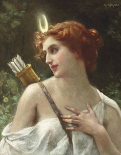 a painting of a beautiful woman with red hair, adorned with a crescent moon above her head. she is gazing into the distance with a gentle smile. she carries a quiver of arrows slung across her back, suggesting she may be a huntress or an archer. the soft lighting and natural environment create a romantic and ethereal atmosphere, hinting at a mythological or goddesslike figure.