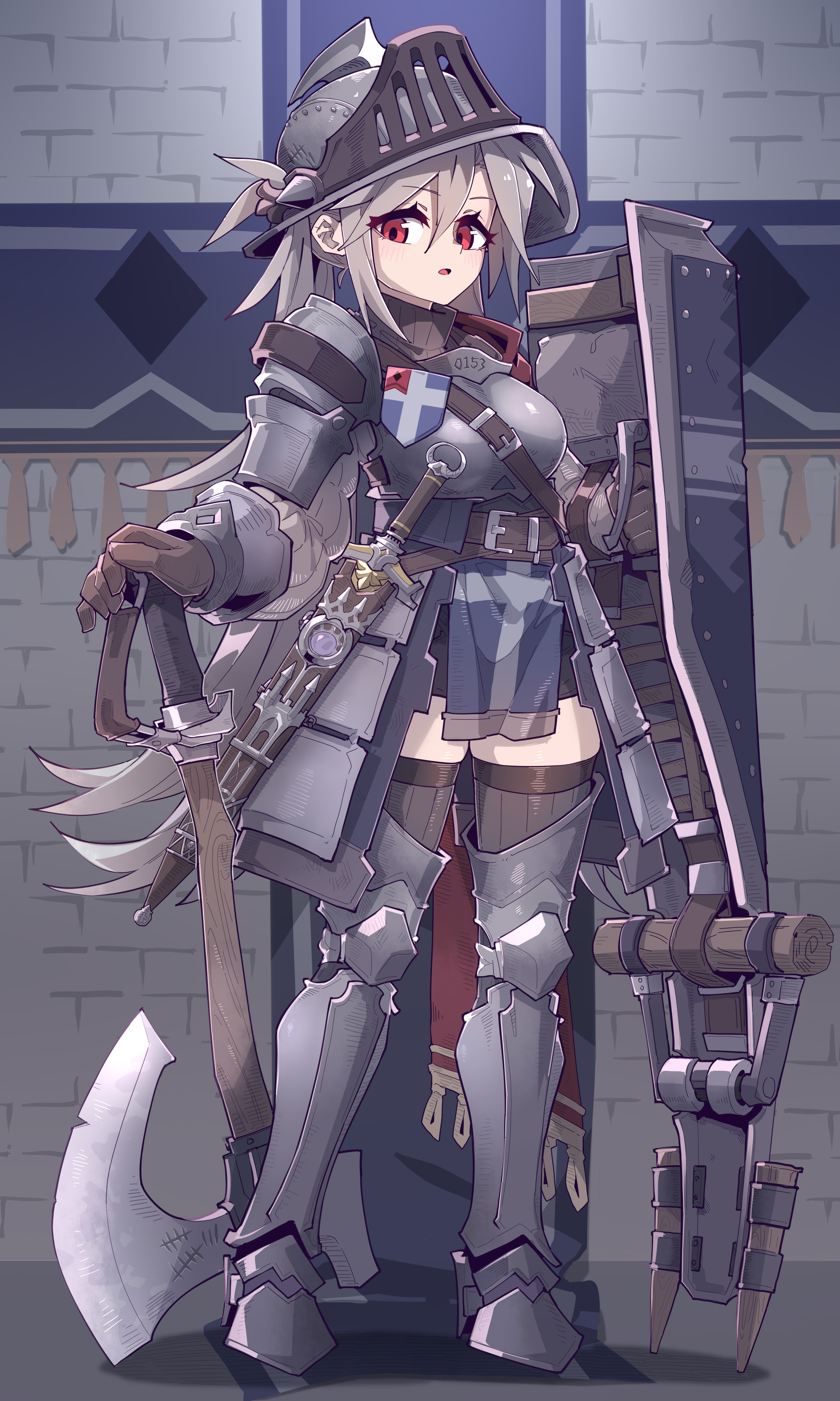 a fullbody animestyle illustration of a female warrior wearing full plate armor, including a helmet with a visor. she has long, lightcolored hair and red eyes. she is holding a large axe in one hand and a shield in the other. the background features a stone wall and architectural details, suggesting a medieval setting. the style is stylized with detailed armor and weapons, emphasizing a fantasy aesthetic.