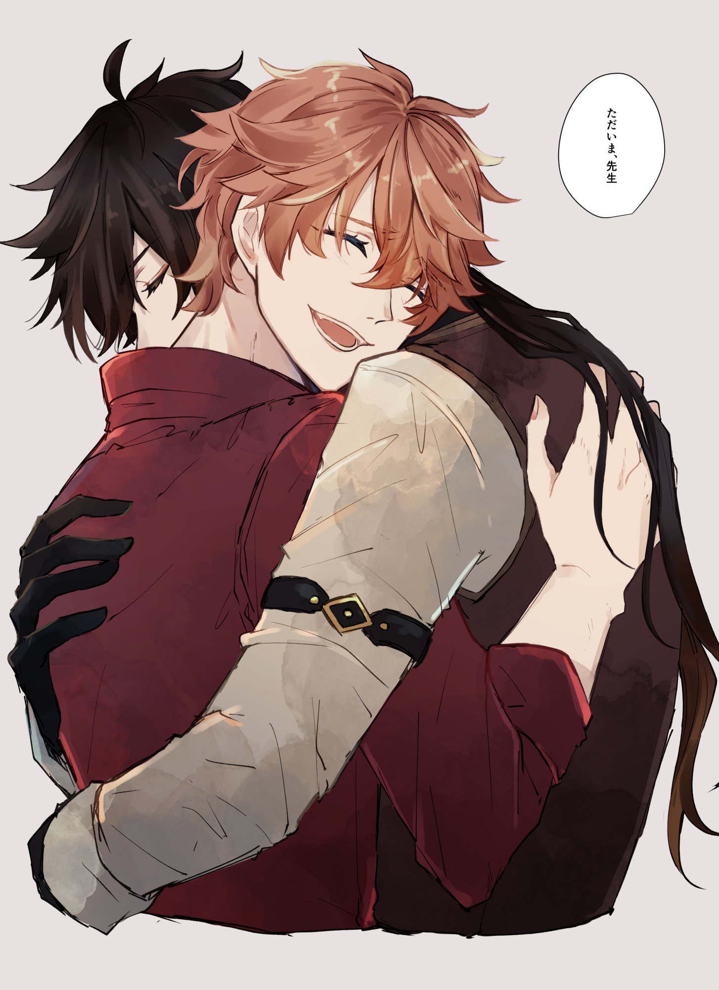 the image is a digital illustration of two anime boys hugging each other. the boy on the left has black hair and is wearing a red jacket, while the boy on the right has orange hair and is wearing a white shirt with a black belt. both boys are smiling and look happy. the background is a light grey, creating a sense of intimacy between the two boys.
