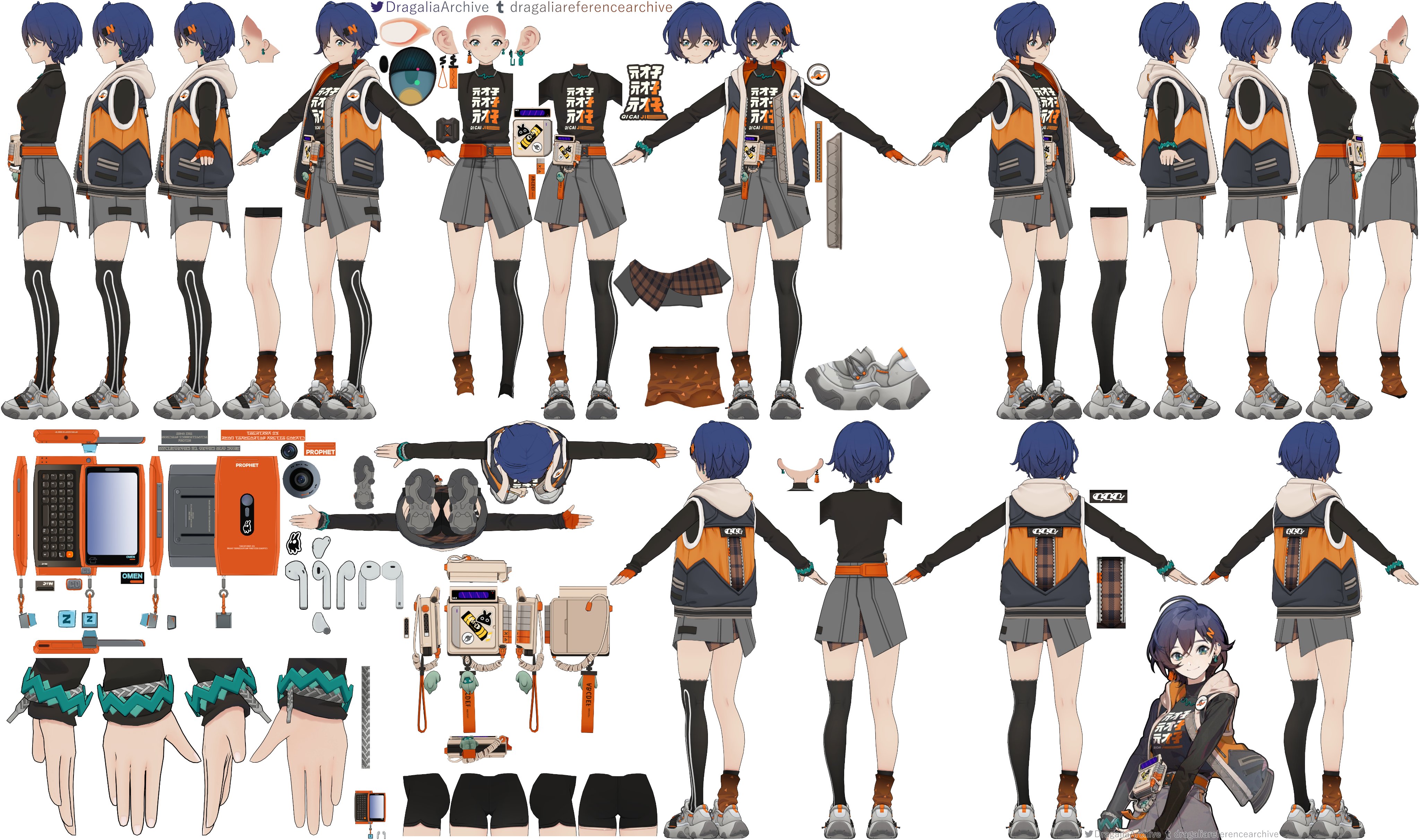 this image is a detailed character model sheet for an animestyle female character.  it includes various views (front, back, side) of the character in her complete outfit, as well as separate parts of her clothing, accessories, and even her hands and other items like a handheld device.  different angles and poses are shown, including a 3d modellike representation that shows her from multiple perspectives.  the style is very clean and detailed, suitable for use in animation or game development. the background is white for clarity. the character's design incorporates a blend of streetwear and technological elements. the overall aesthetic is modern and visually appealing.