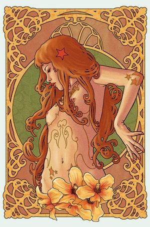 illustration in the art nouveau style featuring a redhaired woman with flowers. she has star tattoos and a red star in her hair. the image is framed with an ornate, decorative border.
