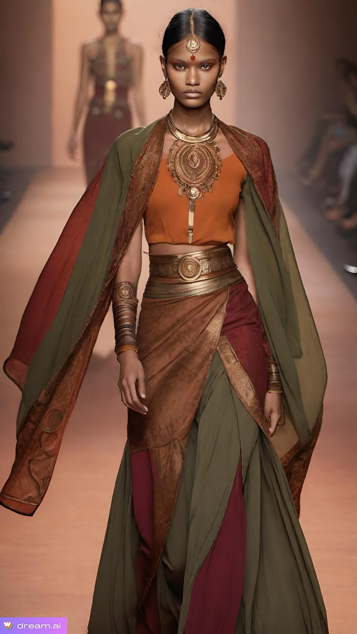 a model walks the runway during a fashion show, wearing an indianinspired ethnic outfit consisting of an orange crop top, draped skirt with brown and maroon panels over a green base, a wide gold sash, and a green and maroon cape. she is adorned with a large gold necklace, matching earrings, and a maang tikka. a blurry figure of another model is visible in the background.