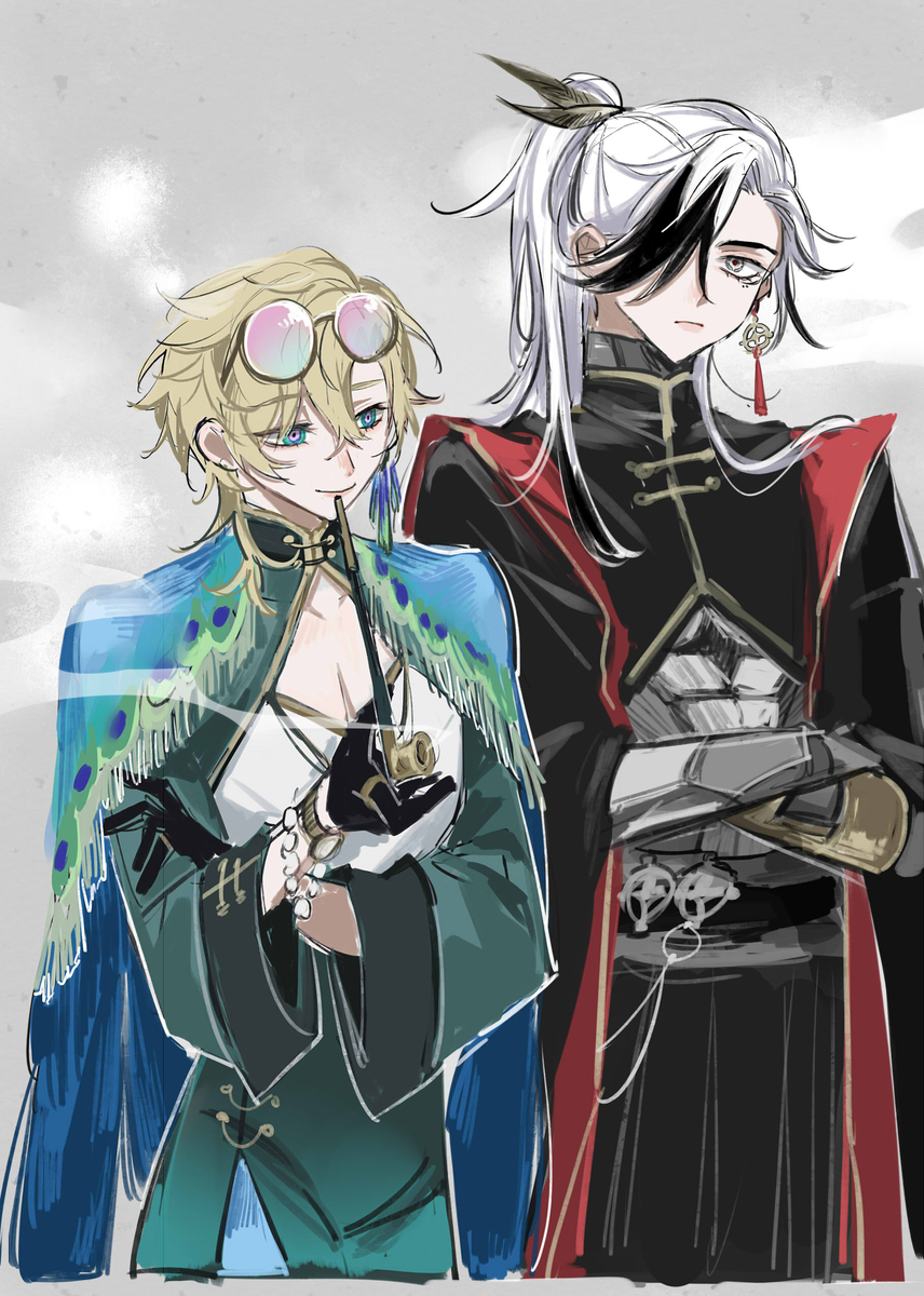 the image shows two anime characters in a fantasy setting. the character on the left is a young man with blond hair, wearing a green and blue outfit, holding a pipe, with a blue and green scarf. the character on the right is a young woman with long white hair, wearing a red and black outfit, with a black and white scarf, holding a sword.  they both have serious expressions on their faces.  they stand side by side with the woman on the right in the background and the man on the left in the foreground.  the background is a gray and white cloudy sky.