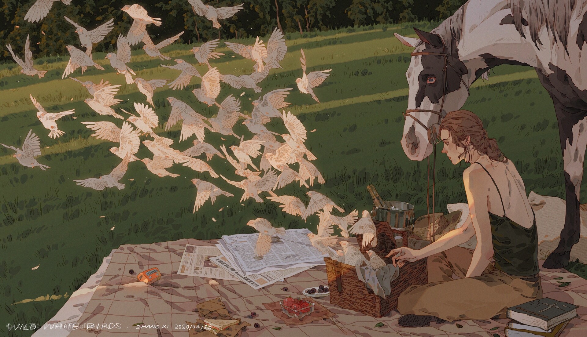 a woman sits on a blanket in a field with her horse beside her. the horse is white with black spots and is wearing a bridle. the woman is wearing a black tank top and has her hair pulled back. there are a few books on the blanket, a bottle of wine, and a wicker basket. there are many white birds flying around the woman and horse. the scene is peaceful and relaxing. the sunlight is warm and the colors are muted and calming. it is a beautiful and serene illustration.
