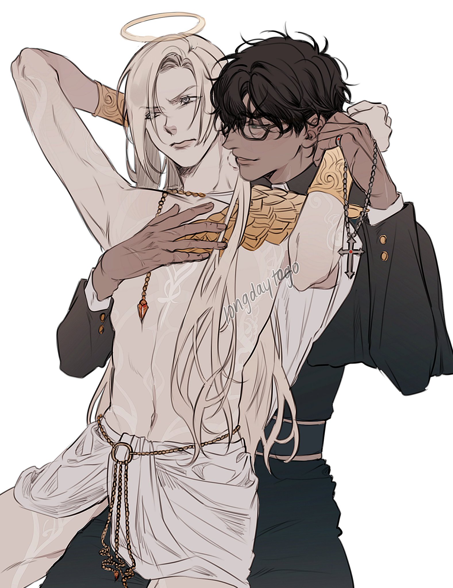 he image is a digital drawing or fanart depicting a romantic embrace between two young men.  one, with long blonde hair and a halo, appears angelic, wearing a light, flowing garment. the other, with short dark hair and glasses, is dressed in darker clothing that suggests a priest or religious figure.  they are intimately close, their bodies intertwined, with the priestlike figure adjusting a necklace with a cross on the angelic figure. the style is elegant and sensual, with soft lines and muted colors creating a mood of romance and possibly forbidden love. the artwork likely falls under the yaoi or boys' love genre.