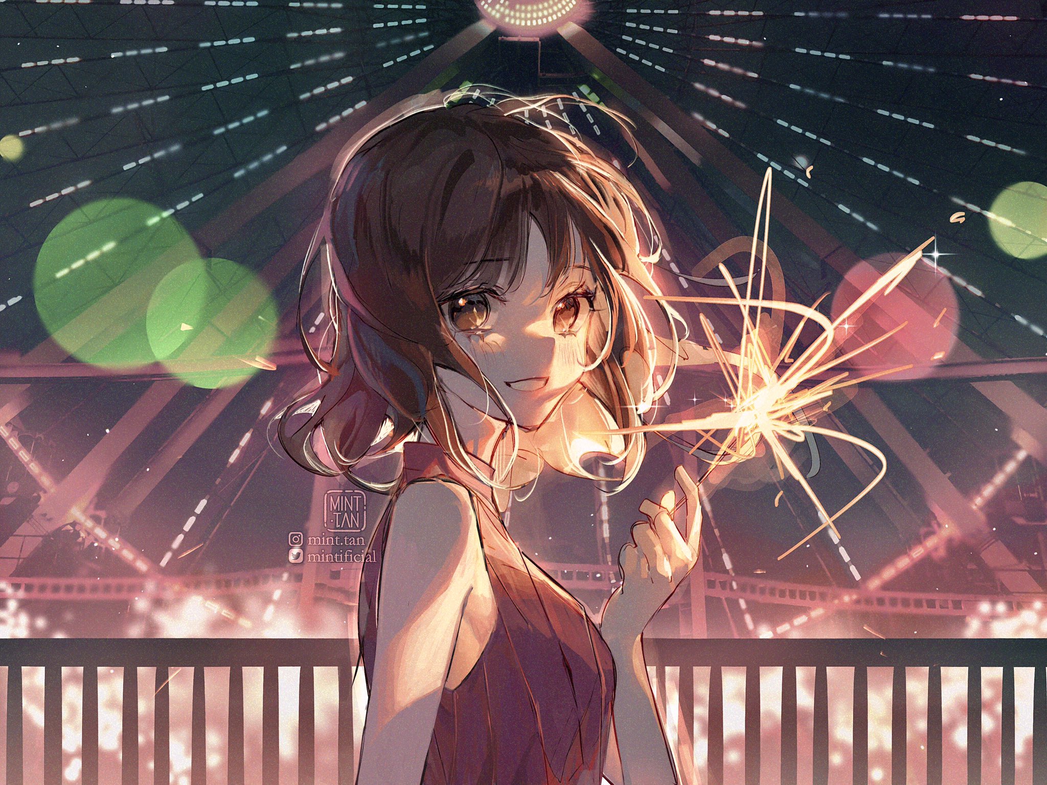 the image is a digital illustration of a young anime girl in a red dress, smiling cheerfully while holding a sparkler. she is standing on a balcony overlooking a city at night. the city lights create a beautiful bokeh effect, adding to the magical atmosphere. the girl's long brown hair flows in the wind, and she looks like she is enjoying a summer evening filled with fun and excitement.