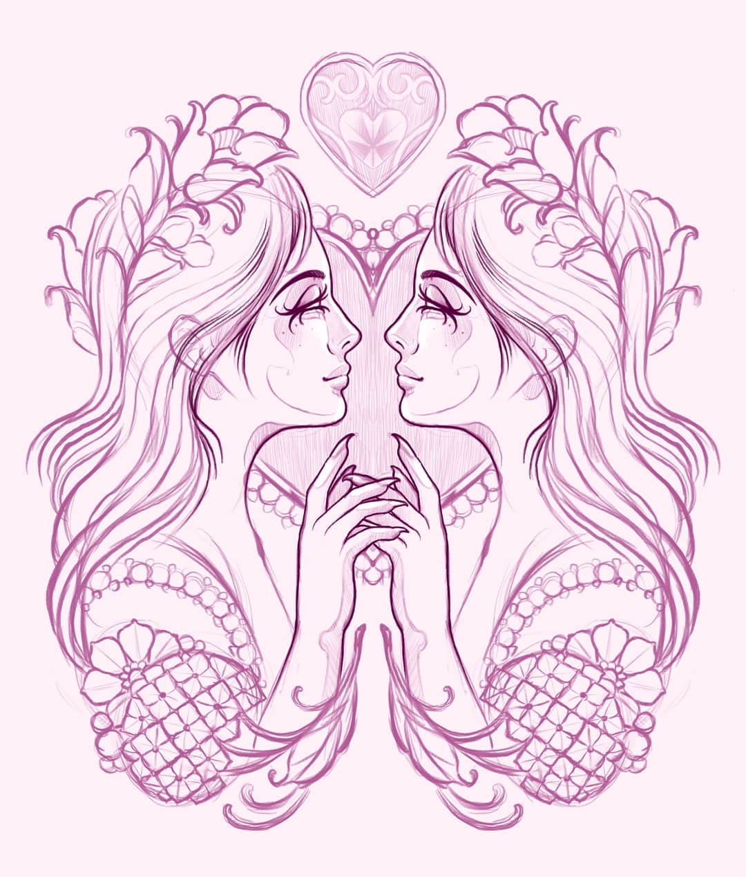 the illustration features a symmetrical, mirrored design of two women, likely representing the gemini zodiac sign. they are drawn in a delicate, ethereal style with flowing hair adorned with flowers and pearls. their eyes are closed, suggesting a sense of introspection or connection. their hands are gently touching, forming the shape of a heart at the center. a decorative heart with floral motifs is positioned above them, further emphasizing the theme of love, unity, and duality. the overall aesthetic is reminiscent of art nouveau with its emphasis on flowing lines, organic forms, and a touch of vintage charm.