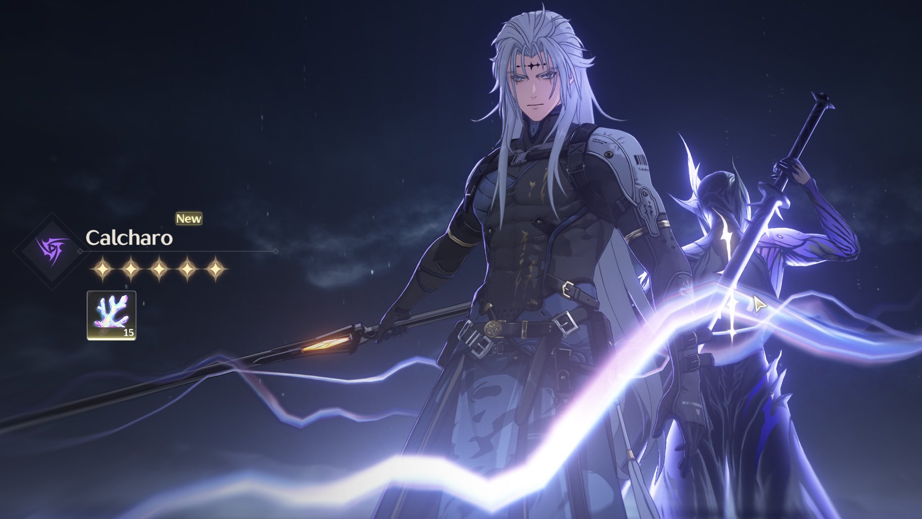 the image showcases a male character with long white hair and purple markings on his face. he is dressed in elaborate armor with blue and silver accents, wielding a glowing sword against a dark, starless sky. lightning crackles around him, illuminating him from behind. the name "calcharo" is displayed prominently along with a fivestar rating, suggesting he is a highranking character within the game.