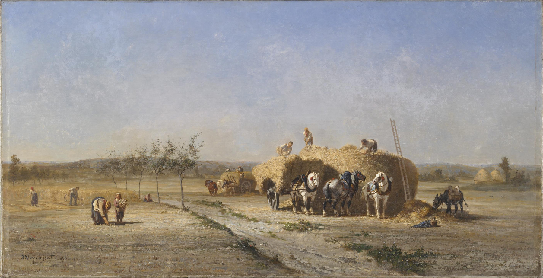 the painting depicts a rural harvest scene with peasants working in the fields and around large haystacks. a team of horses pulls a wagon loaded with hay. other figures are stacking hay on the haystacks, and a ladder leans against one. in the foreground, peasants are gathering crops, and a donkey is present beside a haystack. the scene is set in a landscape with fields, trees, and a cloudy sky, under bright daylight.