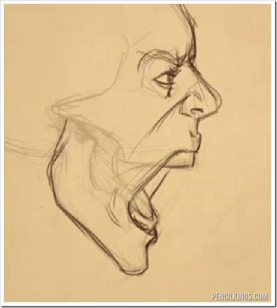 this is a sketch of a man's head and neck in profile view. the man is screaming with his mouth open wide. his face is contorted in anger and his neck muscles are bulging.