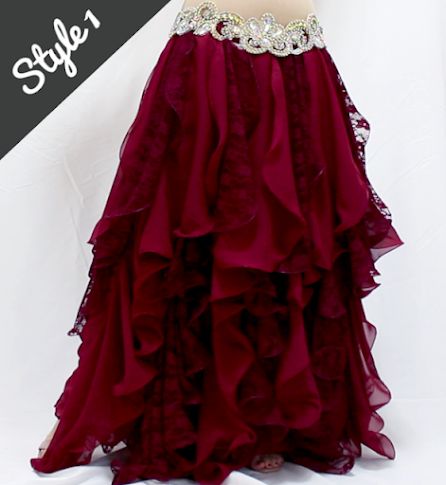 a red chiffon belly dance skirt with multiple ruffles and a rhinestone belt. the skirt is labeled "style 1" in the upper left corner.