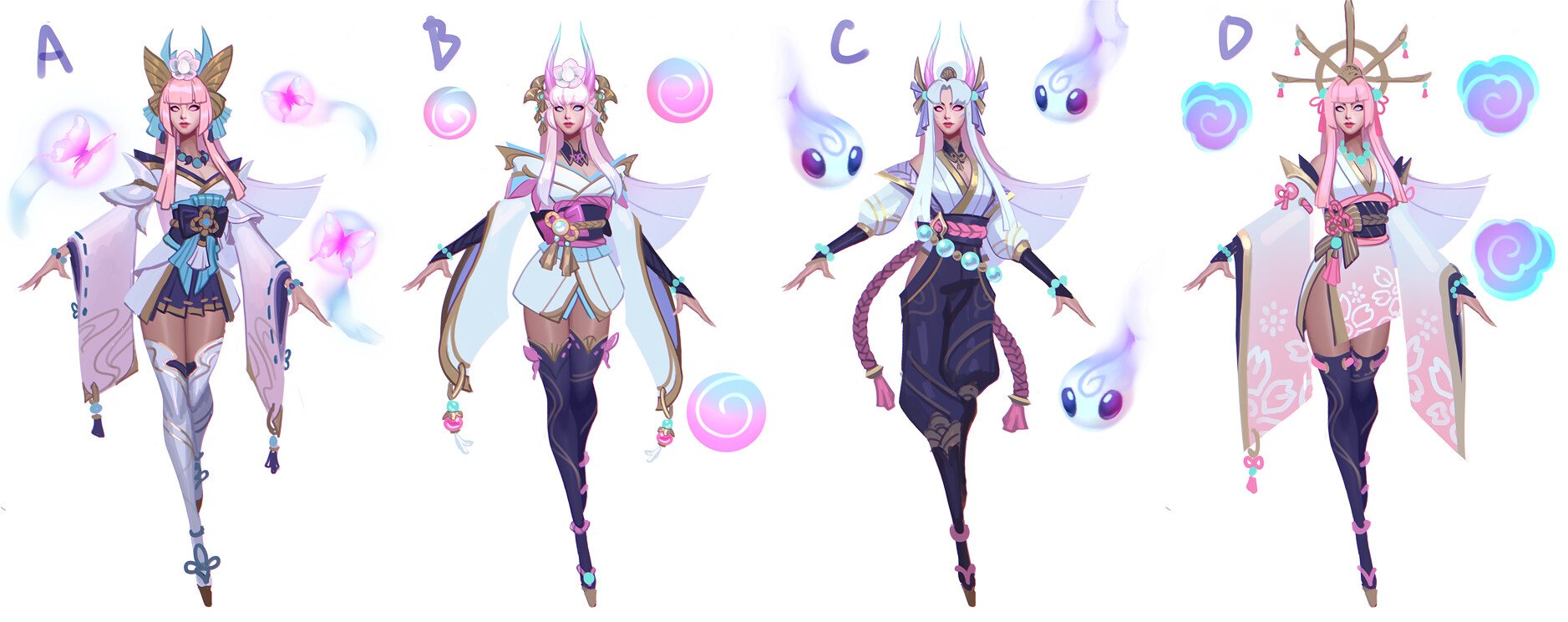 the image presents four distinct concept art variations (a, b, c, d) for a spirit blossom skin in league of legends.  each variation features a female character in a stylized kimonoinspired outfit with varying color palettes, hair styles, and accompanying visual elements such as butterflies and spirits. the style is animeinfluenced, with a focus on pastel colors and fantastical details.  the variations showcase different design explorations for the same character, differing primarily in the outfit's color scheme, accessories, and the type of spiritual beings floating around her.