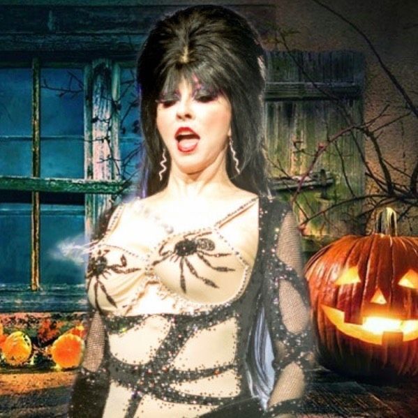 a woman dressed in a black widow costume stands in front of a spooky window with a carved pumpkin behind her. she is wearing a black top with a spider design and a matching spider web skirt. her long black hair is styled in a way that is reminiscent of a witch or a vampire. the woman is looking off to the side, and her expression is slightly sinister. the overall image is dark and spooky, and it evokes a sense of mystery and intrigue.