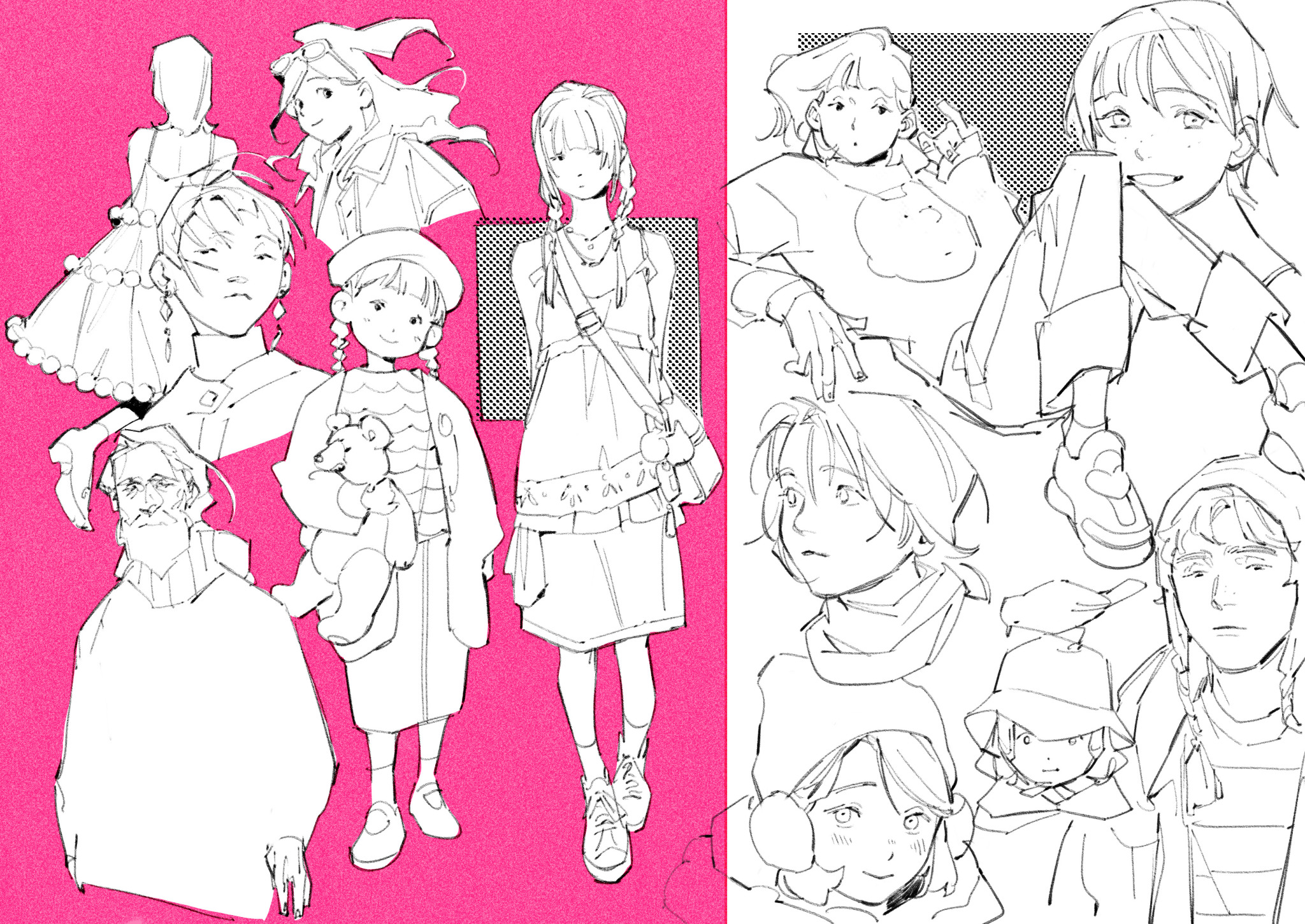 this is a page of character design sketches, featuring a variety of figures, mostly young women and girls. the figures are drawn in a loose, expressive style with bold lines. the drawings are rendered in black and white on a light pink background.