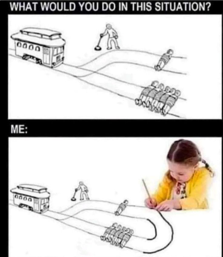 the image is a meme based on the trolley problem, a thought experiment in ethics. the top panel presents the scenario: a runaway trolley is heading towards a group of five people tied to the tracks. there is a lever that can divert the trolley to another track where only one person is tied. the question is "what would you do?". the bottom panel shows a child drawing a new track that avoids hitting anyone, offering a creative and unconventional solution to the dilemma.