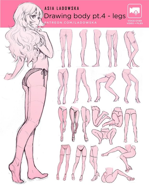 this image is a drawing tutorial focused on drawing female legs.  it features a cartoon female character with numerous examples of different leg poses, positions, and perspectives.  the image has a pink background.