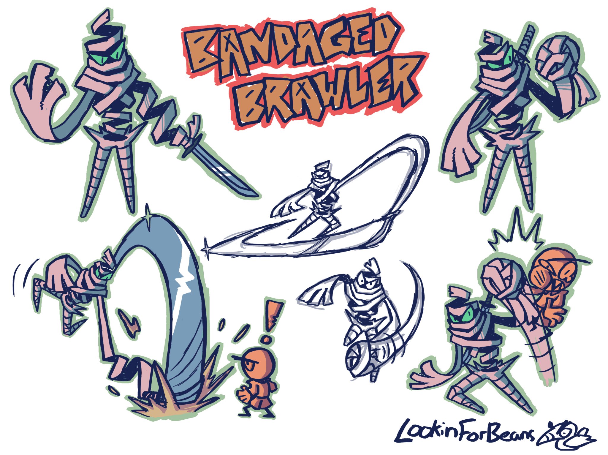 a cartoon character sheet titled "bandaged brawler" shows a small character design wrapped entirely in white bandages. the character is posed in various action poses with different weapons as if it is ready to fight in a video game. there is a smaller, orange character that appears to be an enemy in two of the poses. the art style is cartoony and loose.